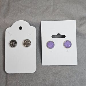 Purple and Silver Stud Earrings Set, Circle Earring Bundle